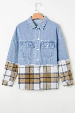 Sale Dear-Lover Plaid Patchwork Buttoned Oversized Denim Jacket Khaki