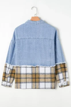 Sale Dear-Lover Plaid Patchwork Buttoned Oversized Denim Jacket Khaki