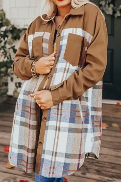 Discount Dear-Lover Plaid Patchwork Long Sleeve Shirt Mini Dress Khaki