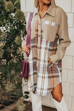 Hot Dear-Lover Plaid Patchwork Long Sleeve Shirt Mini Dress Khaki