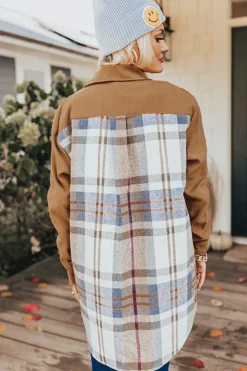 Discount Dear-Lover Plaid Patchwork Long Sleeve Shirt Mini Dress Khaki