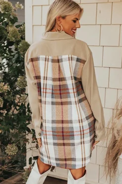 Hot Dear-Lover Plaid Patchwork Long Sleeve Shirt Mini Dress Khaki