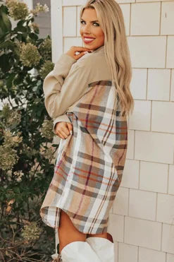 Hot Dear-Lover Plaid Patchwork Long Sleeve Shirt Mini Dress Khaki