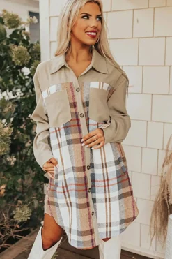 Hot Dear-Lover Plaid Patchwork Long Sleeve Shirt Mini Dress Khaki