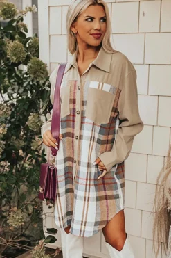 Hot Dear-Lover Plaid Patchwork Long Sleeve Shirt Mini Dress Khaki