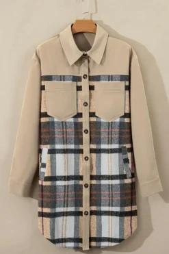 Hot Dear-Lover Plaid Patchwork Long Sleeve Shirt Mini Dress Khaki