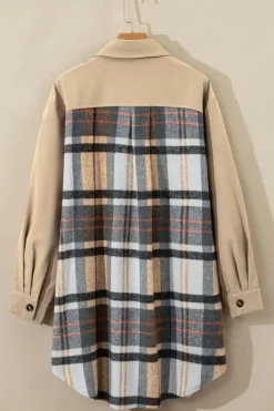 Hot Dear-Lover Plaid Patchwork Long Sleeve Shirt Mini Dress Khaki