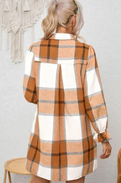 New Dear-Lover Plaid Pattern Collared Neck Ruffled Sleeve Shirt Dress Khaki