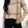Sale Dear-Lover Plaid Pattern Knitted Drop Shoulder Sweater Khaki