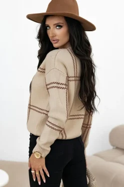 Sale Dear-Lover Plaid Pattern Knitted Drop Shoulder Sweater Khaki