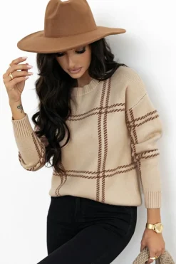 Sale Dear-Lover Plaid Pattern Knitted Drop Shoulder Sweater Khaki