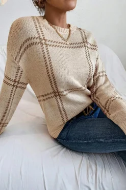 Sale Dear-Lover Plaid Pattern Knitted Drop Shoulder Sweater Khaki