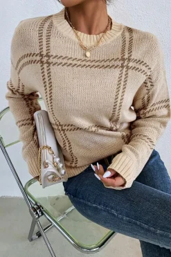 Sale Dear-Lover Plaid Pattern Knitted Drop Shoulder Sweater Khaki