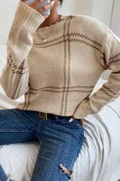 Sale Dear-Lover Plaid Pattern Knitted Drop Shoulder Sweater Khaki