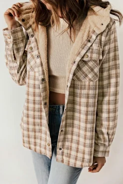 Best Dear-Lover Plaid Pattern Sherpa Lined Hooded Shacket Khaki