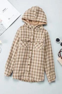Best Dear-Lover Plaid Pattern Sherpa Lined Hooded Shacket Khaki