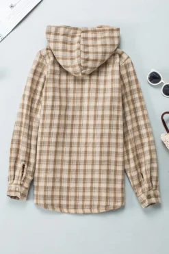 Best Dear-Lover Plaid Pattern Sherpa Lined Hooded Shacket Khaki