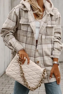 Hot Dear-Lover Plaid Removable Hood Buttoned Shacket Khaki
