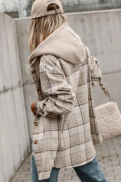 Hot Dear-Lover Plaid Removable Hood Buttoned Shacket Khaki