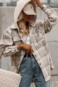 Hot Dear-Lover Plaid Removable Hood Buttoned Shacket Khaki