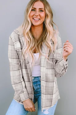 Hot Dear-Lover Plaid Removable Hood Buttoned Shacket Khaki