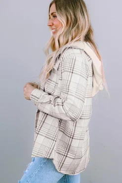 Hot Dear-Lover Plaid Removable Hood Buttoned Shacket Khaki