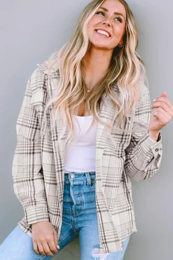 Hot Dear-Lover Plaid Removable Hood Buttoned Shacket Khaki