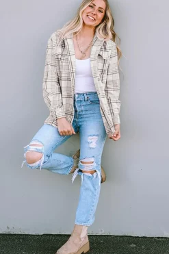 Hot Dear-Lover Plaid Removable Hood Buttoned Shacket Khaki