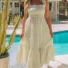 Clearance Dear-Lover Plaid Ruffled Sleeve Smocked Maxi Dress Khaki