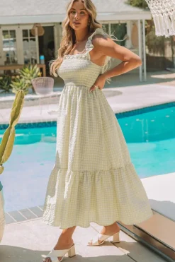 Clearance Dear-Lover Plaid Ruffled Sleeve Smocked Maxi Dress Khaki
