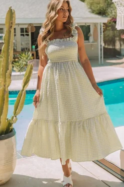 Clearance Dear-Lover Plaid Ruffled Sleeve Smocked Maxi Dress Khaki