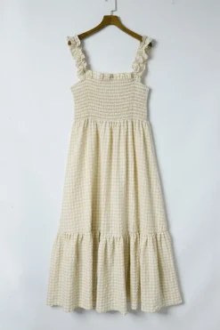 Clearance Dear-Lover Plaid Ruffled Sleeve Smocked Maxi Dress Khaki