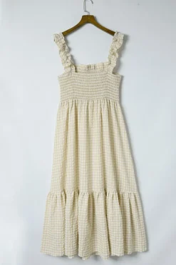 Clearance Dear-Lover Plaid Ruffled Sleeve Smocked Maxi Dress Khaki