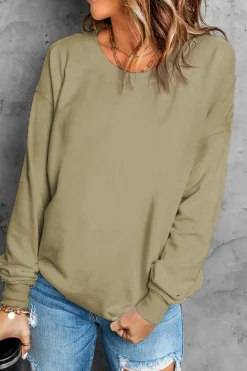 Outlet Dear-Lover Plain Crew Neck Pullover Sweatshirt Khaki
