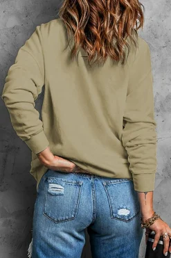 Outlet Dear-Lover Plain Crew Neck Pullover Sweatshirt Khaki