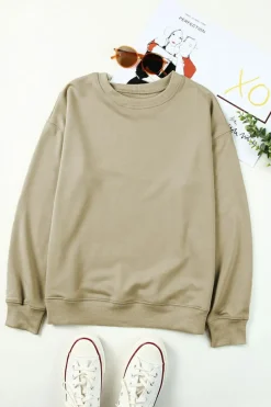 Outlet Dear-Lover Plain Crew Neck Pullover Sweatshirt Khaki