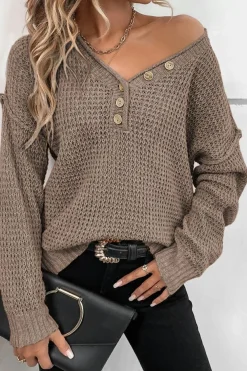 Fashion Dear-Lover Pointelle Knit Button V Neck Drop Shoulder Sweater Khaki