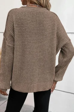 Fashion Dear-Lover Pointelle Knit Button V Neck Drop Shoulder Sweater Khaki
