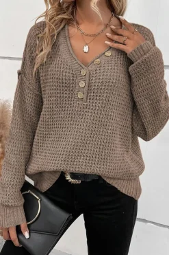 Fashion Dear-Lover Pointelle Knit Button V Neck Drop Shoulder Sweater Khaki
