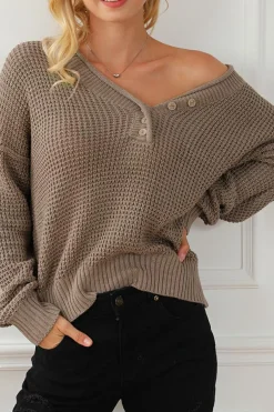 Fashion Dear-Lover Pointelle Knit Button V Neck Drop Shoulder Sweater Khaki