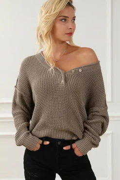 Fashion Dear-Lover Pointelle Knit Button V Neck Drop Shoulder Sweater Khaki