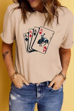 Best Dear-Lover Poker Queen Embroidered Graphic Tee Khaki