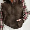 Hot Dear-Lover Plaid Sleeve Patchwork Collared Textured Sweatshirt Khaki Printed