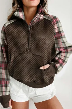 Hot Dear-Lover Plaid Sleeve Patchwork Collared Textured Sweatshirt Khaki Printed