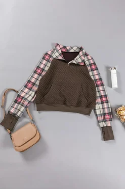 Hot Dear-Lover Plaid Sleeve Patchwork Collared Textured Sweatshirt Khaki Printed