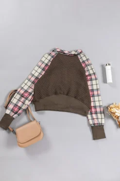 Hot Dear-Lover Plaid Sleeve Patchwork Collared Textured Sweatshirt Khaki Printed