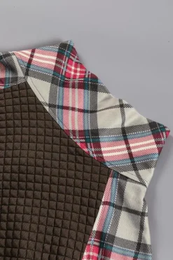 Hot Dear-Lover Plaid Sleeve Patchwork Collared Textured Sweatshirt Khaki Printed