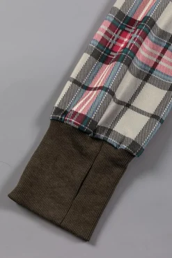 Hot Dear-Lover Plaid Sleeve Patchwork Collared Textured Sweatshirt Khaki Printed