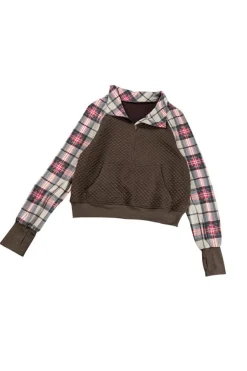 Hot Dear-Lover Plaid Sleeve Patchwork Collared Textured Sweatshirt Khaki Printed