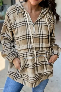 Online Dear-Lover Zipped Front Pullover Plaid Hoodie Khaki Printed